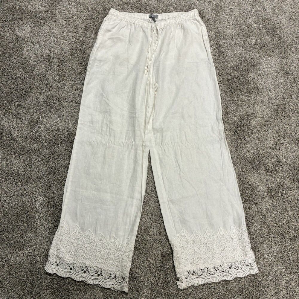Kenar 100% Linen Wide Leg Pants Women’s Large White Crochet Lace Trim Drawstring